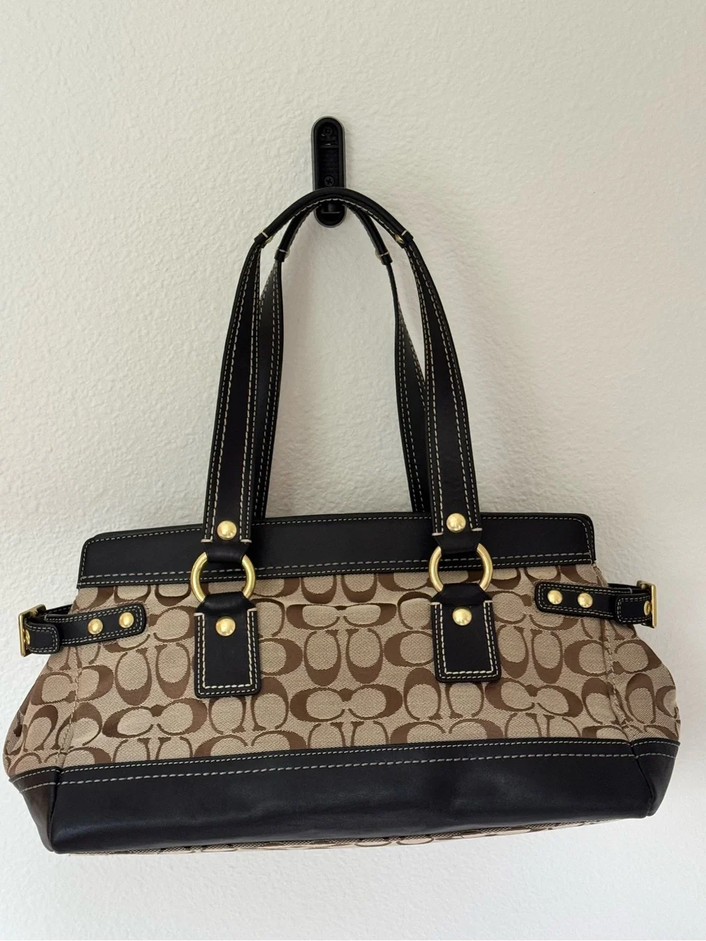 Coach Legacy Signature Double Turn Lock Tote F13131 Black Leather Jacquard